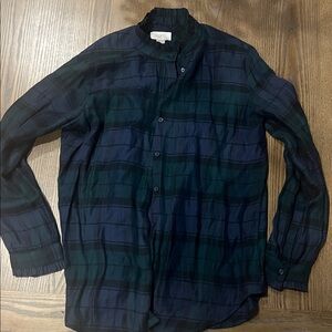 LOFT Navy and Green Plaid Button-Down Shirt